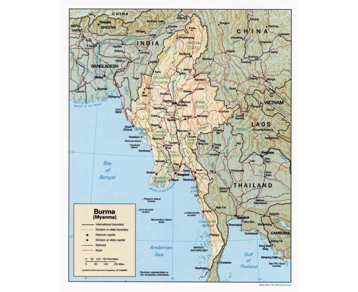 žemėlapis Mianmaro su miestų